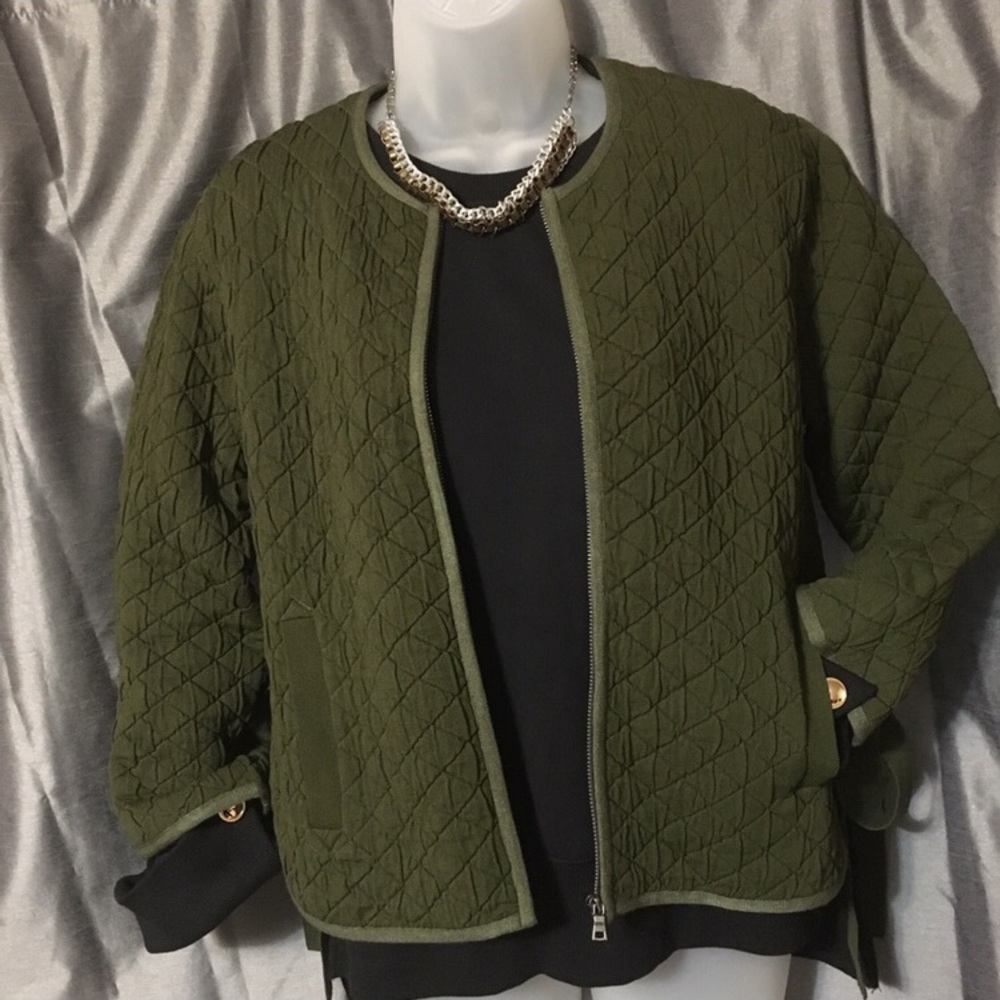 Ann Taylor Olive Green Quilted Jacket Side Ribbons